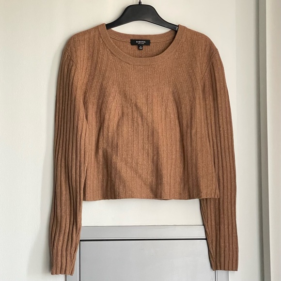 Babaton Sweaters - ARITZIA BABATON Tan Ribbed Long Sleeve Wool and Linen Mix Cropped Sweater